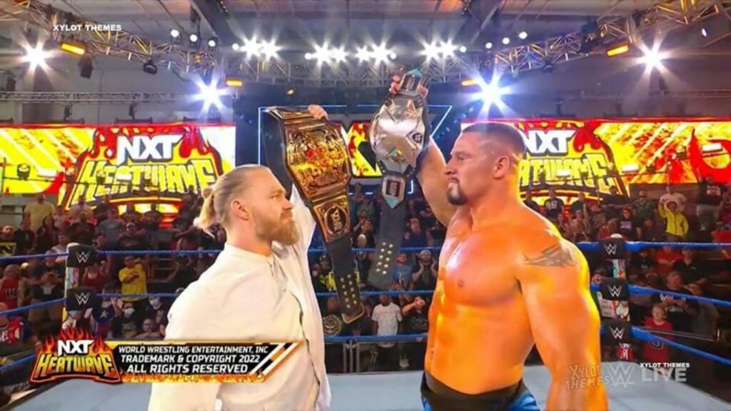 20220817 092700 Tyler Bate showed up during WWE NXT Heatwave to confront Bron Breakker.