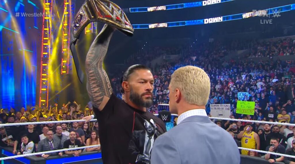 20230401 082845 Watch: Roman Reigns and Cody Rhodes' Final Confrontation before WrestleMania 39 SmackDown March 31, 2023